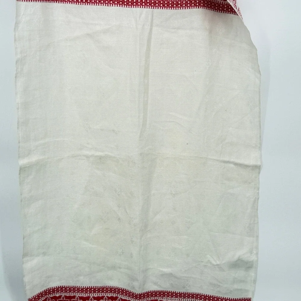 VTG Tea Towel Dresser Scarf Table Runner Red White Embroidered Fringe Boho